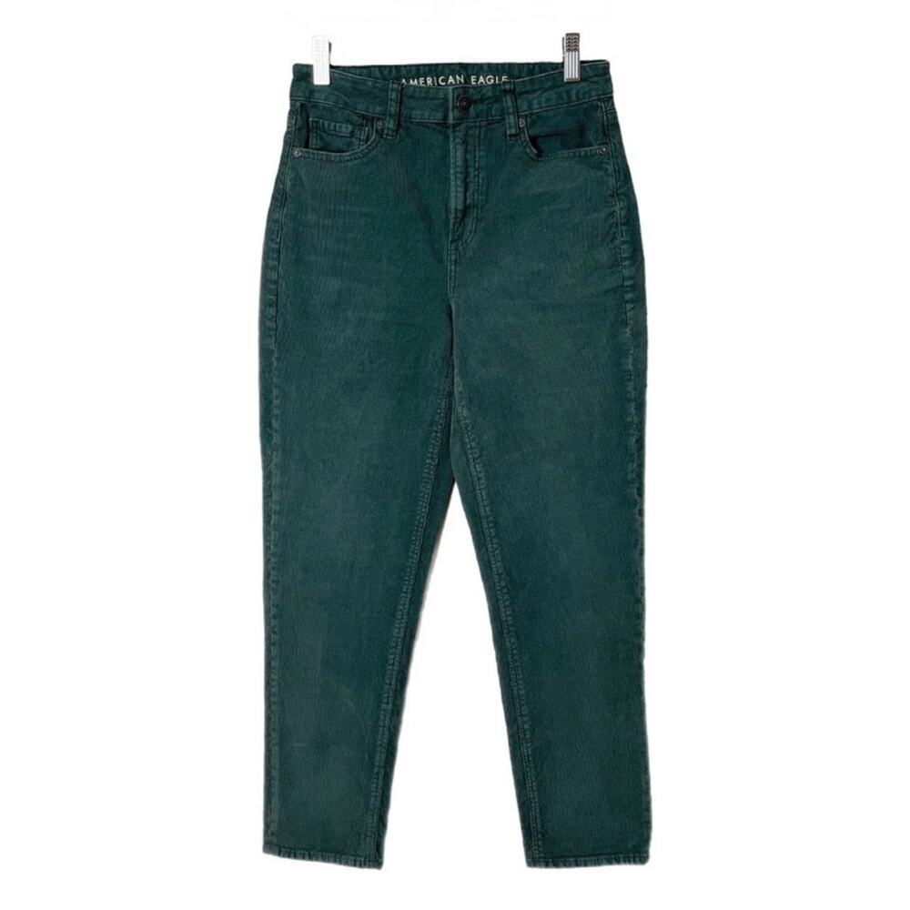 American Eagle Women's Corduroy Mom Straight Jeans Sz 2 Green Stretch High Rise - Picture 2 of 10